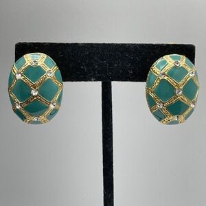 VTG Faberge Egg Style Oval Goldtone TEAL Green Dome Enamel Rhinestone Clip On